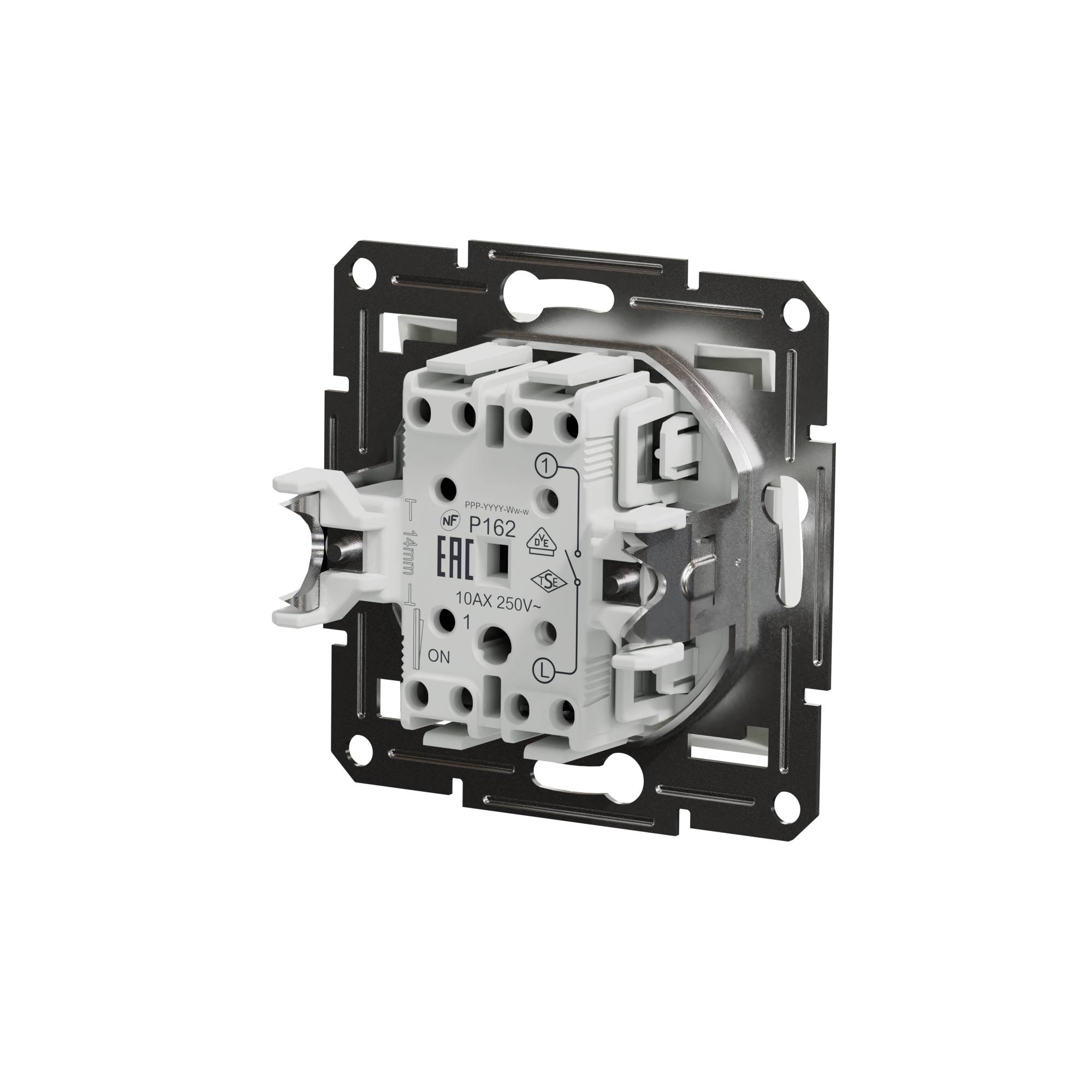 An electric wall switch with a metal backplate, switch position in the centre, technical specifications visible.