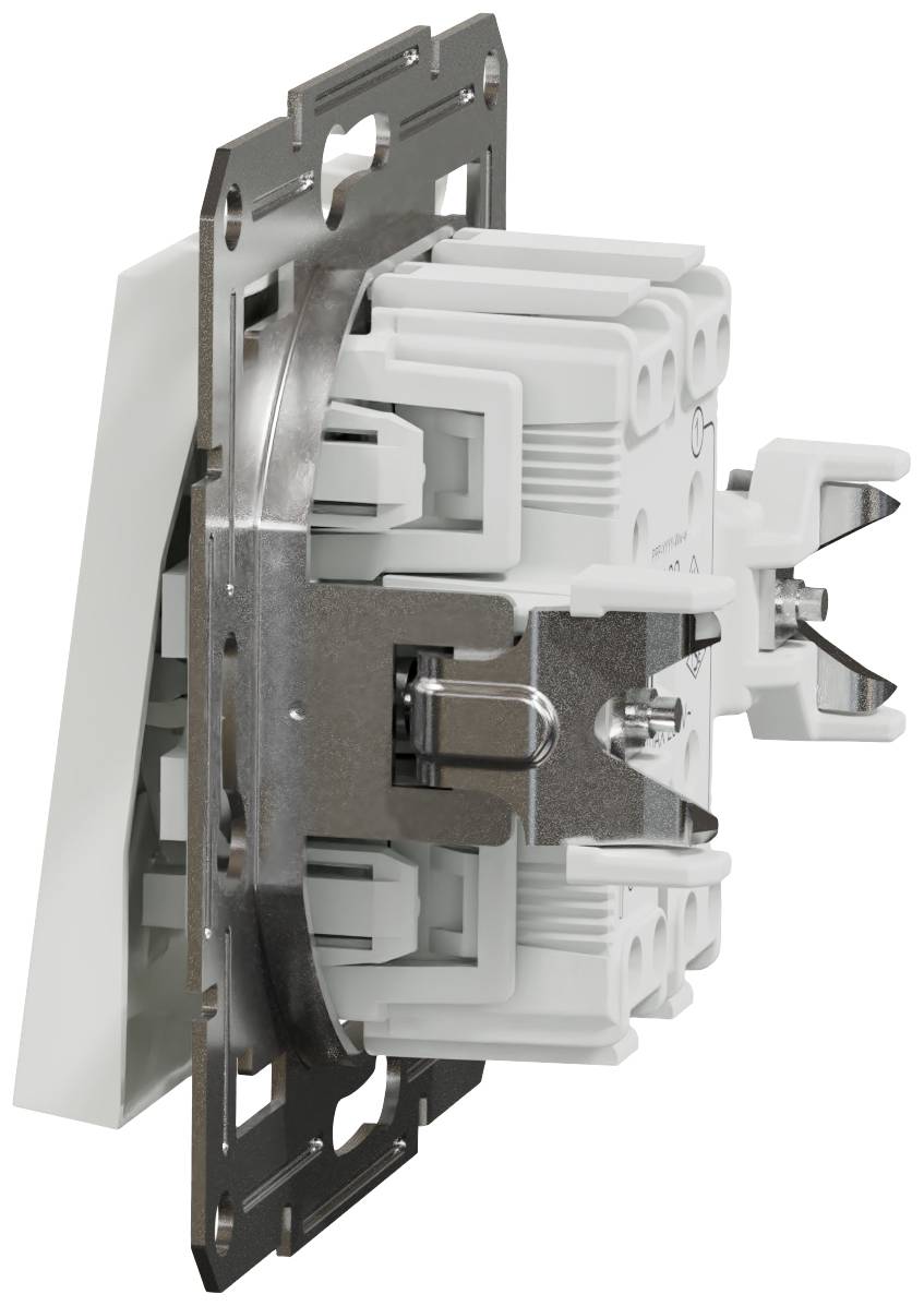 A white, rectangular light switch with a metal frame and plastic mounting, shown from the side.