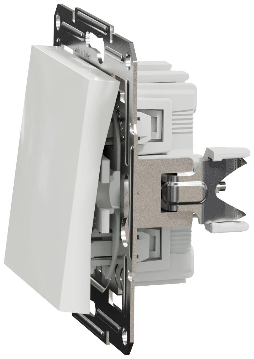 Light switch side view, showing the construction with metal frame and white switch. Main components visible.