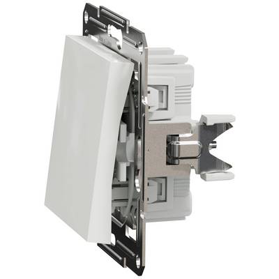 Light switch side view, showing the construction with metal frame and white switch. Main components visible.
