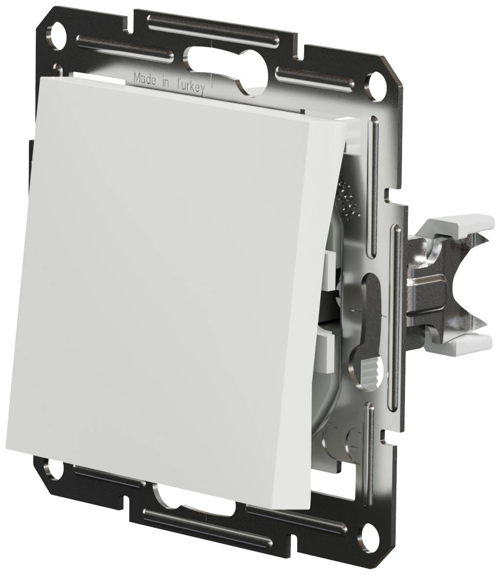 A white, square light switch with a silver metal frame, mountable for controlling indoor lighting.