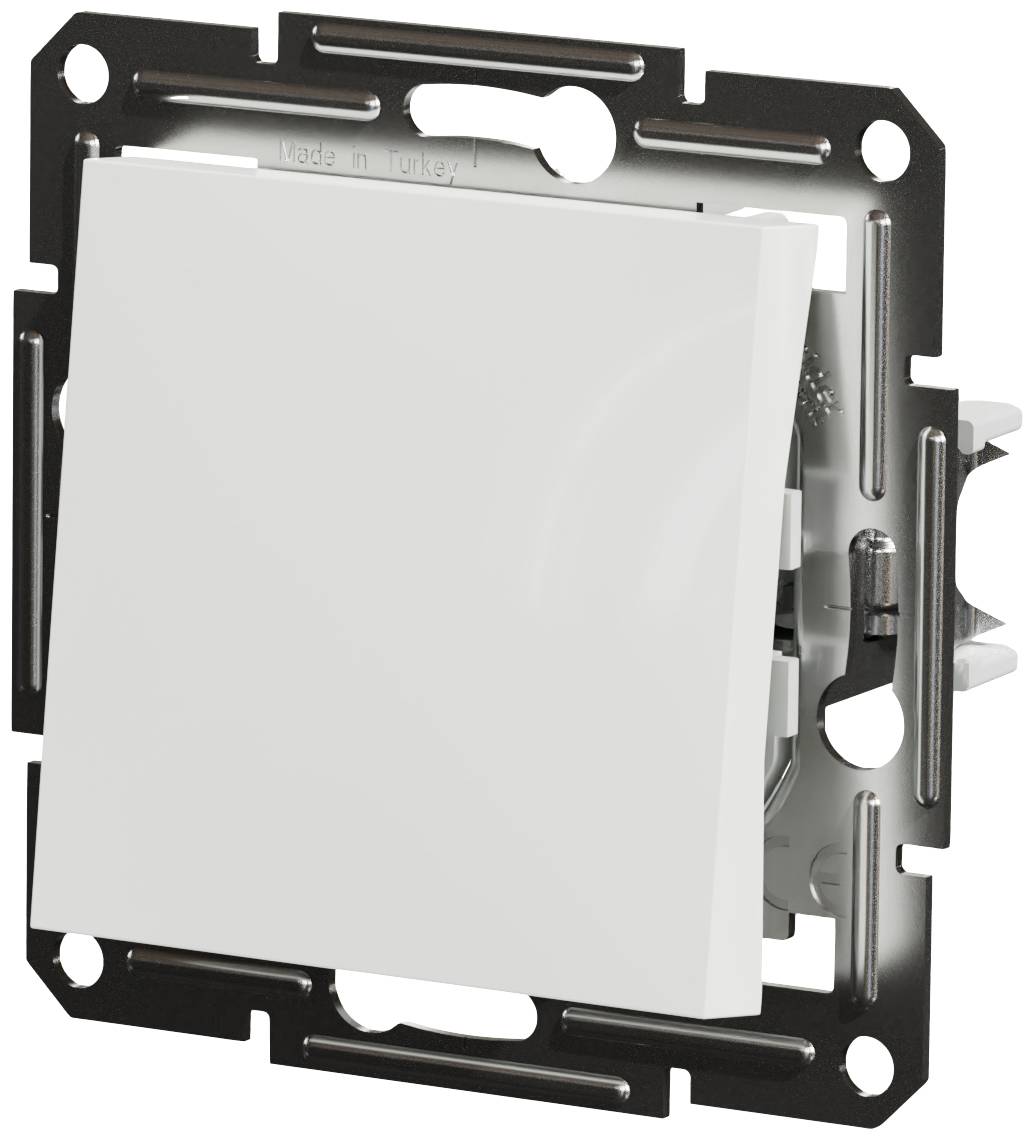 A modern, square light switch with a white, flat design and metallic frame for wall mounting.