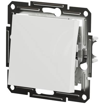 A modern, square light switch with a white, flat design and metallic frame for wall mounting.