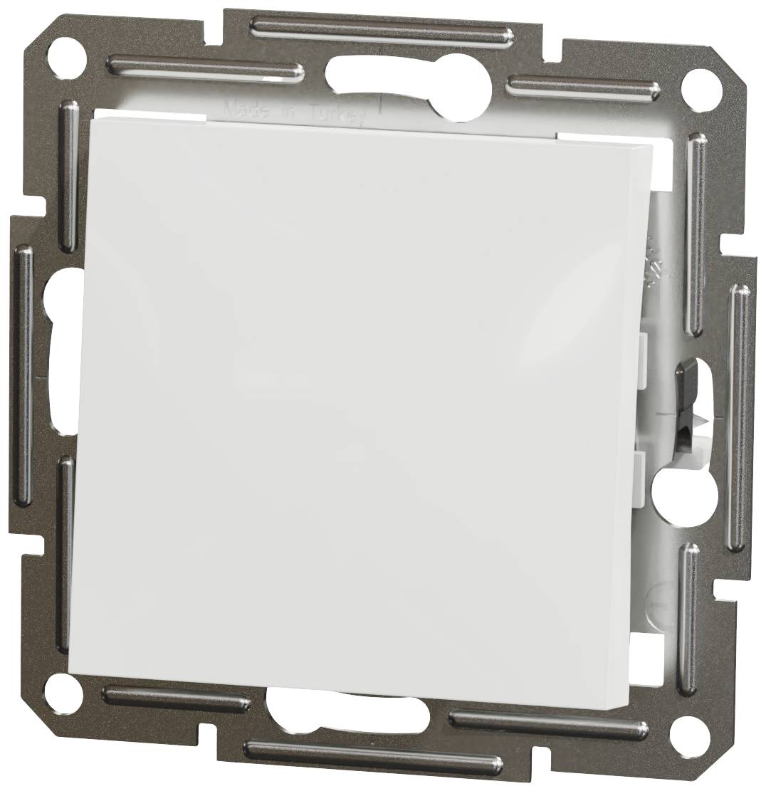 A rectangular light switch with a white front plate, mounted in a metallic frame, suitable for wall installation.