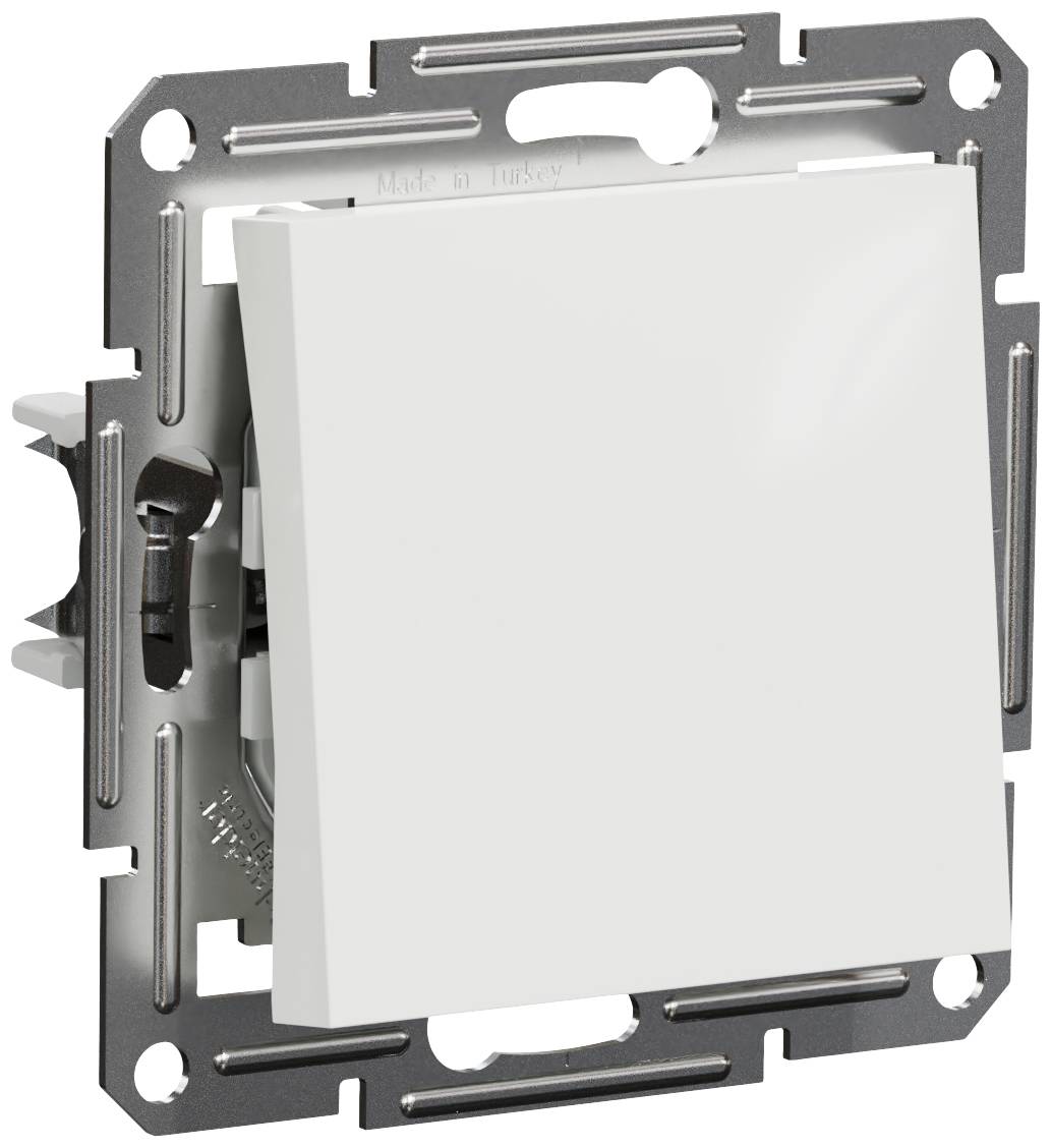 White light switch in a square shape with a metallic mounting plate, side switch mechanism visible.