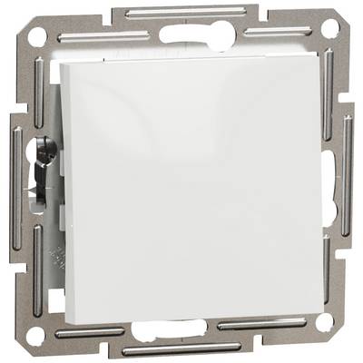 A white plastic light switch in a metal mounting, suitable for installation in interior walls.