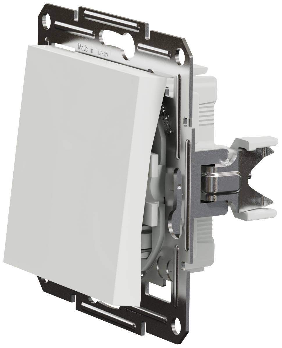 Light switch viewed from the side, metal frame visible.