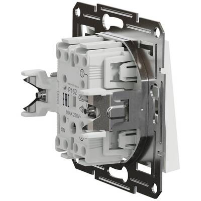 Back of light switch with metal frame, electrical connections and markings: '10AX 250V~'. Ready for wall mounting.
