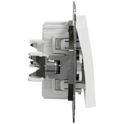 Side view of an electrical switch with a white cover and grey mounting. Metallic fixing elements are visible.