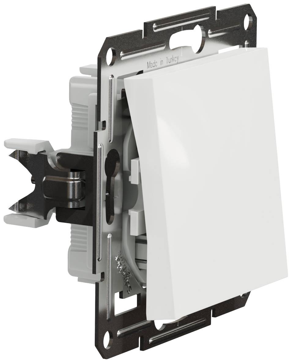 Light switch in close-up, showing mechanism and white plastic cover; mountable, glossy surface.