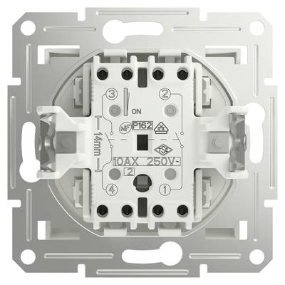 A white light switch unit with symbolic and technical markings on the front, mounted in a square metal plate.
