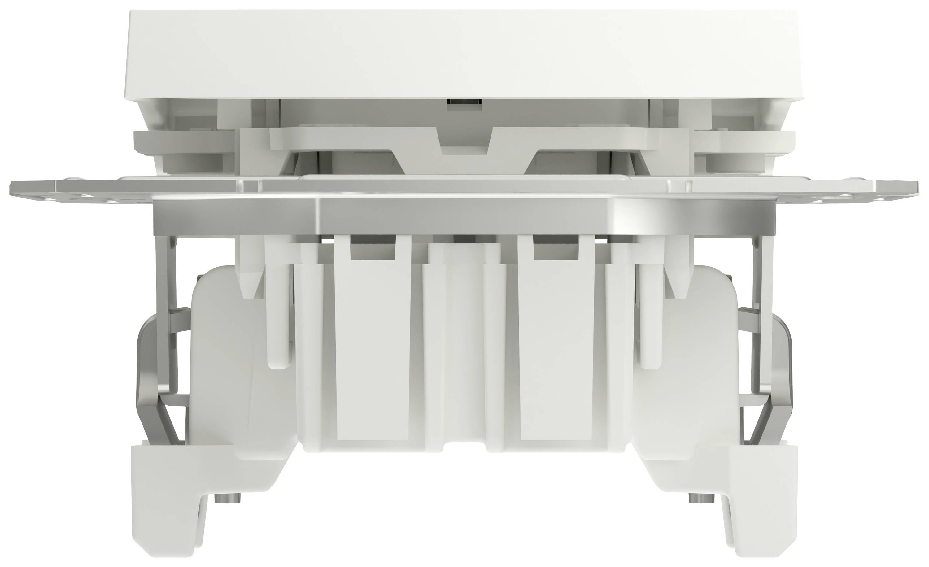 A white, rectangular plastic building block with multiple openings and mountings, potentially part of a larger system.