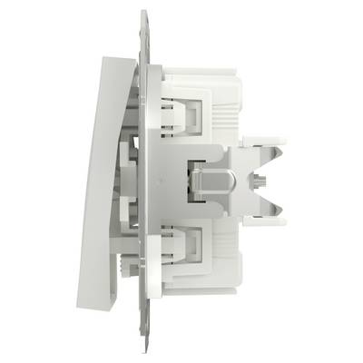 A white wall switch shown from the side, reveals the internal structure and mechanism of the switch.
