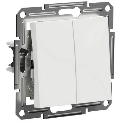 A double light switch with a metal frame, suitable for flush mounting. Simple, white surface.