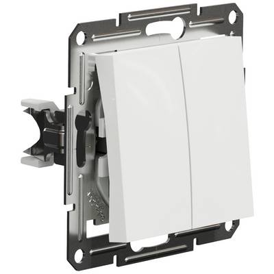 A white double light switch is mounted on a metallic bracket, ready for installation in a wall.