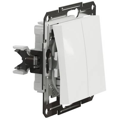 Double switch with removed frame, showing white lever mechanism and black mounting bracket on silver metal base.