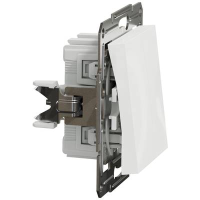 Light switch in side view with metallic frame and white switch, showing internal structure and mechanism.