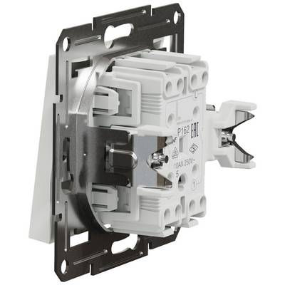 A white electric wall switch in a metal frame. Suitable for 10AX, 250V, ensures connection and interruption of electrical circuits.