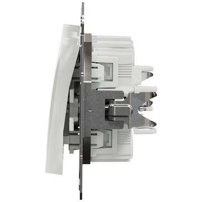 Side view of a wall switch in mounted position shows the internal structure and wiring components.