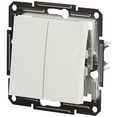 Light switch viewed from close up with two white toggle switches mounted on a metallic mounting plate.