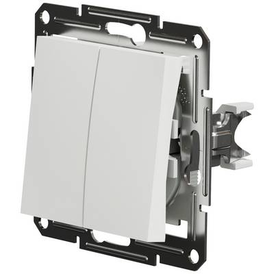 Double switch in a metal mounting, photographed at an angle from the side, showing two adjacent rockers.
