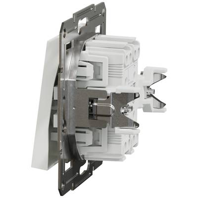 Electric light switch viewed from the side. Shows the internal structure with metal mounting and plastic components.