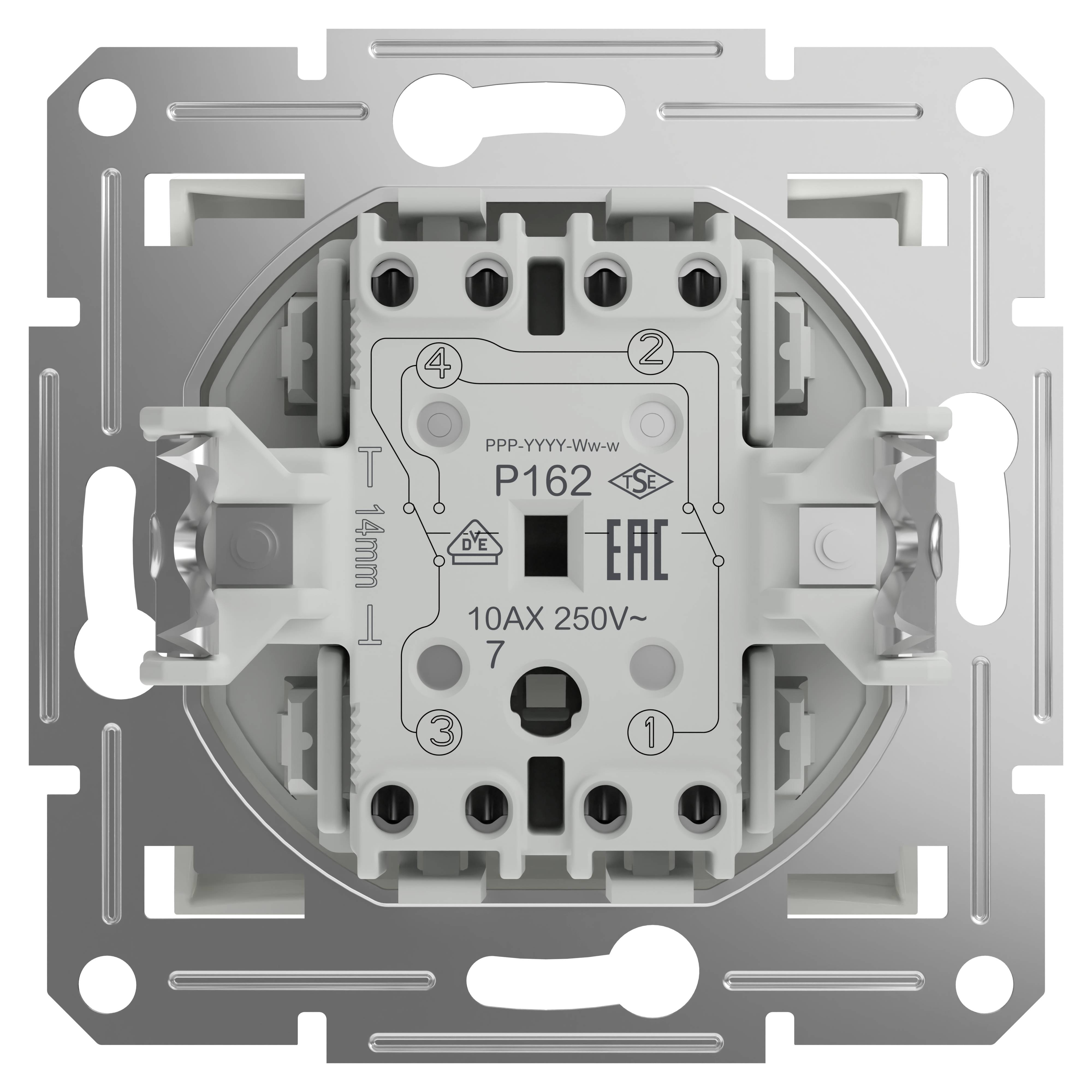 A electrical light switch in close-up. The centre shows technical specifications: 'P162', '10AX 250V'. A metal frame surrounds the unit.