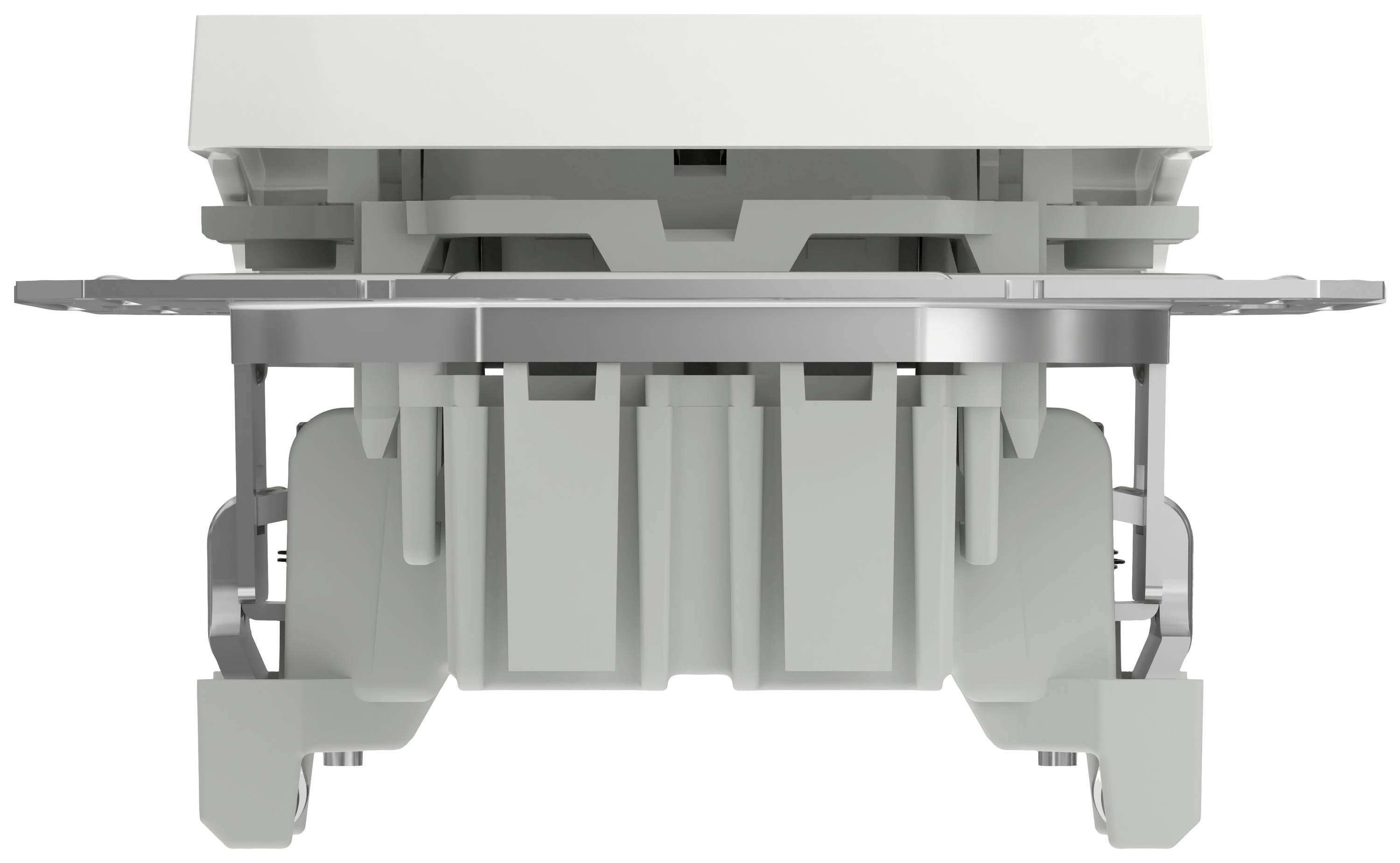 A white, rectangular socket unit with silver contact points. Shows the rear side and mounting mechanism.