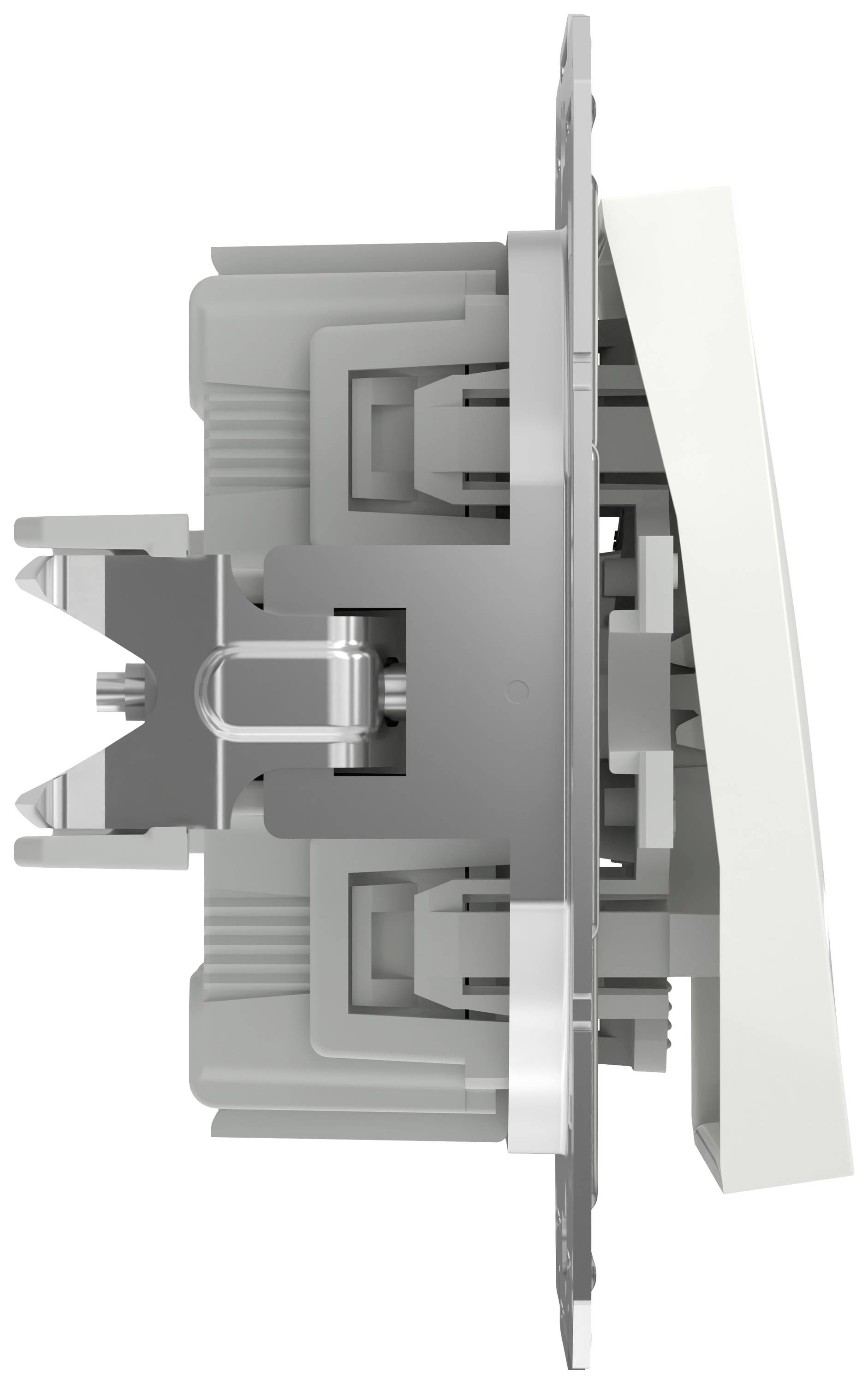 Side view of a toggle switch in a housing, showing the internal mechanisms and mounting components.