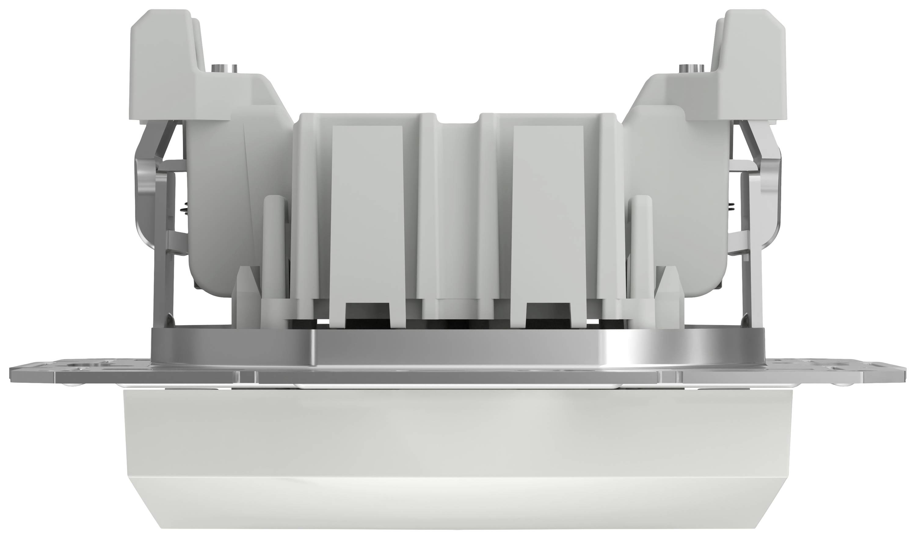An electrical component with a white housing and metal frame, viewed from the front. It has a rectangular shape and is made of plastic.
