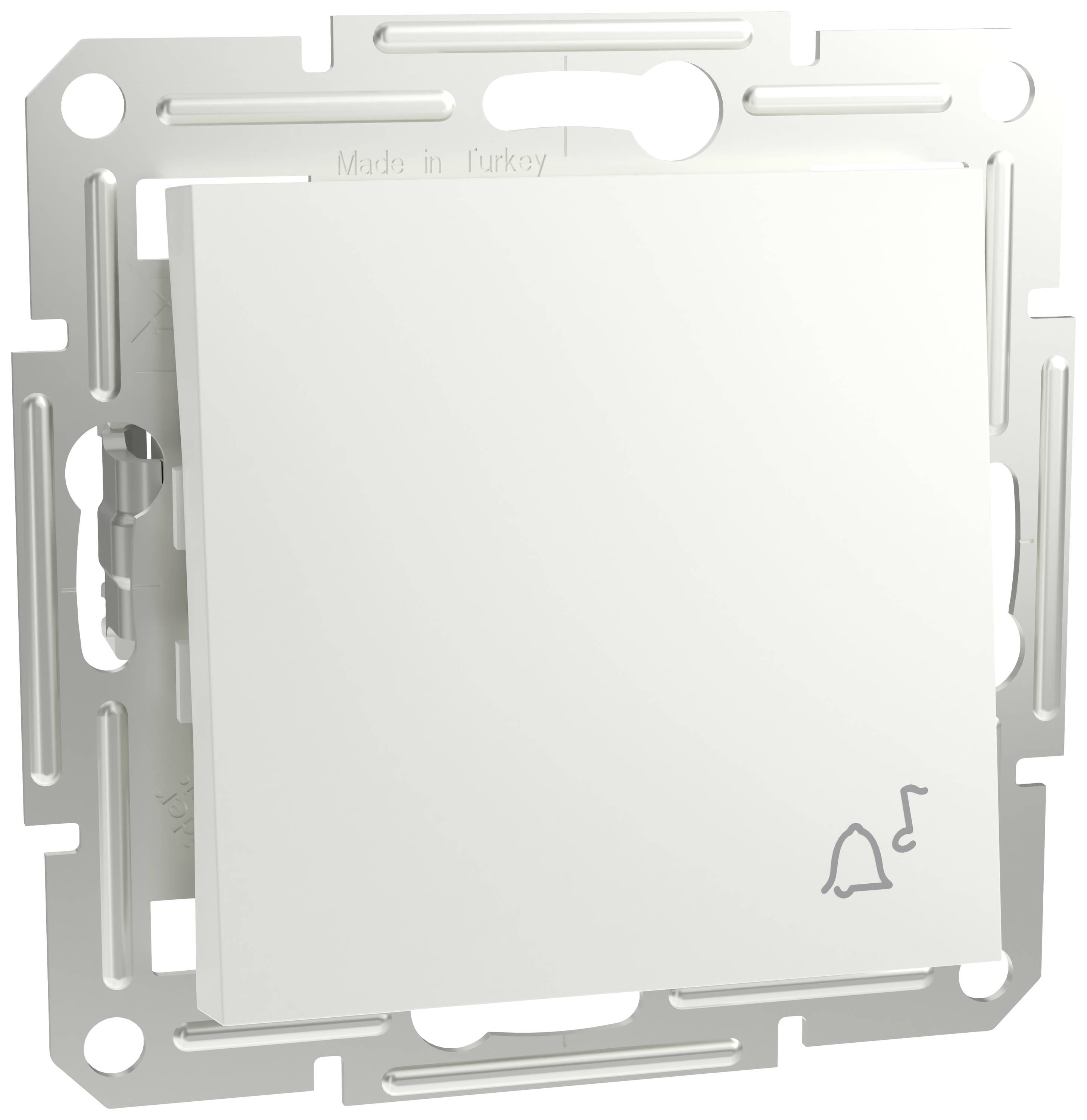 A square white light switch mounted on a metal plate, with a bell and musical note symbol located in the bottom right corner.