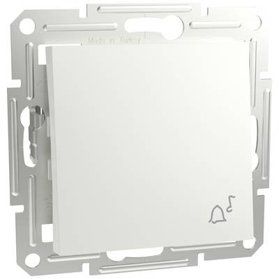 A square white light switch mounted on a metal plate, with a bell and musical note symbol located in the bottom right corner.