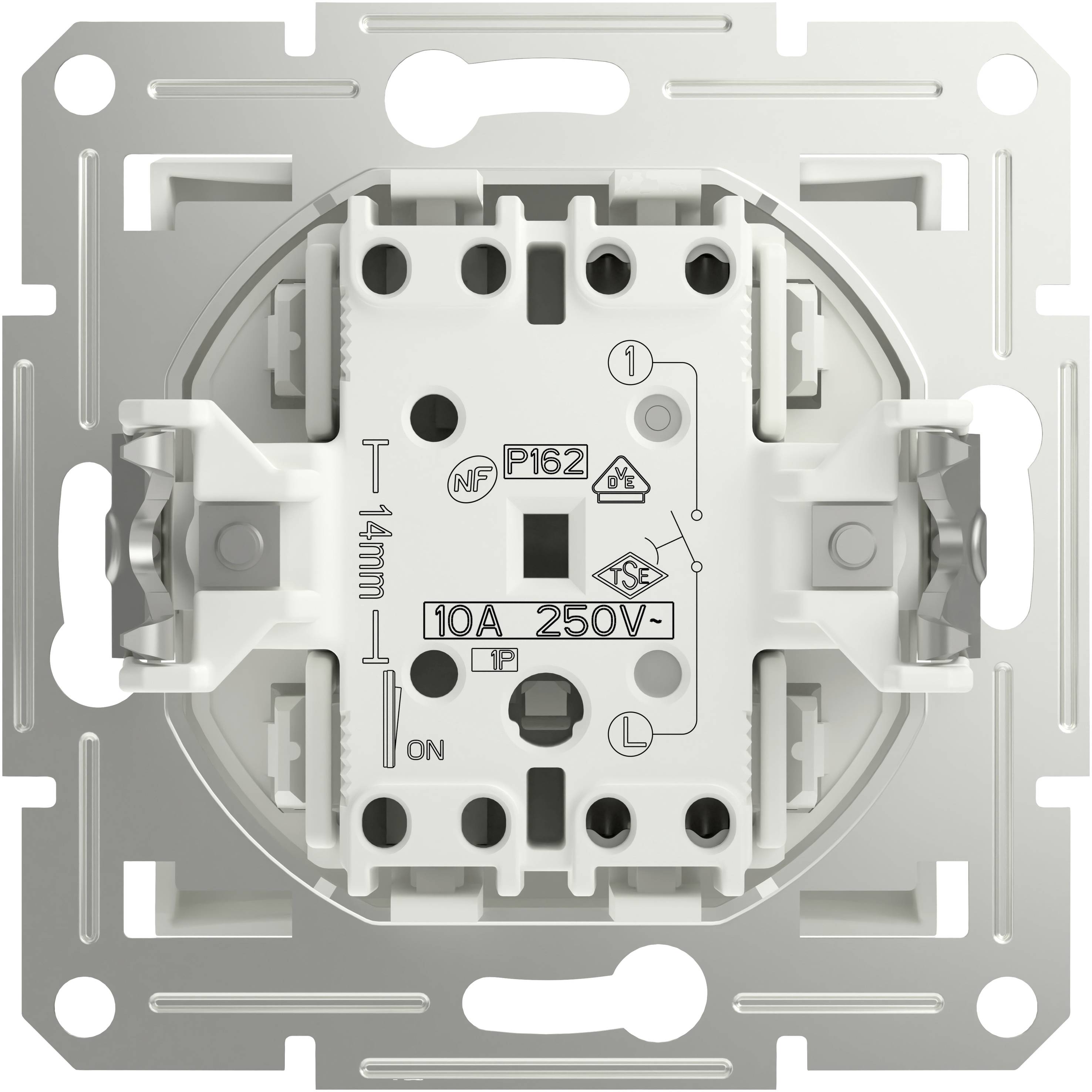 Flush-mounted switch module with technical imprint, displaying electrical specifications: 10A, 250V. Screw terminals at top and bottom.