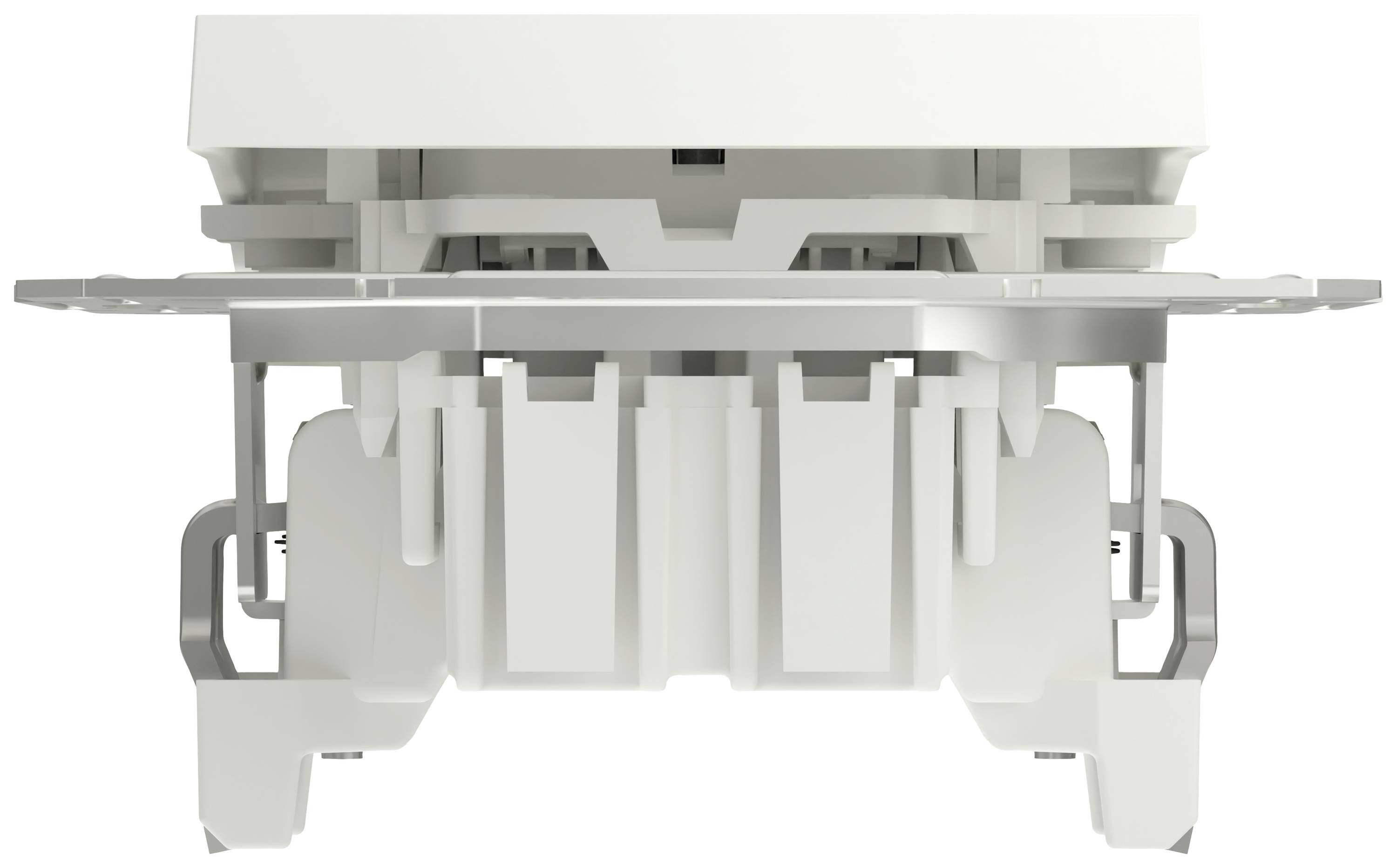 White electrical socket in close-up, photographed frontally, showing details of the mechanical structure and connections.