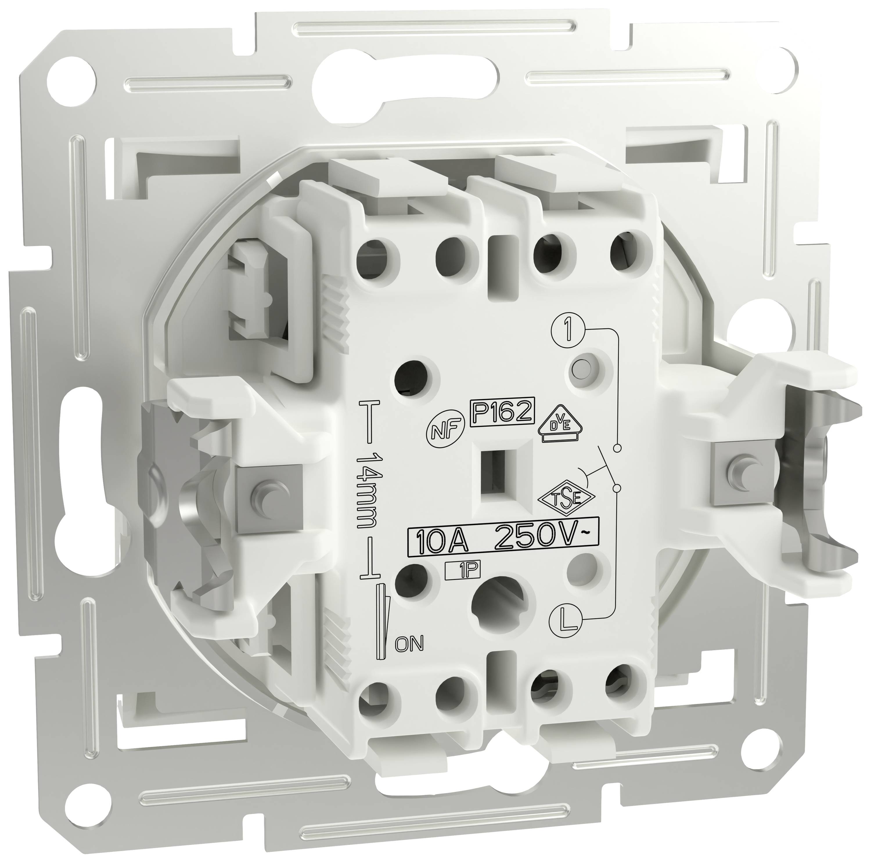 Flush-mounted bracket for an electrical switch, suitable for 10 amperes and 250 volts, with screw terminals for wiring.