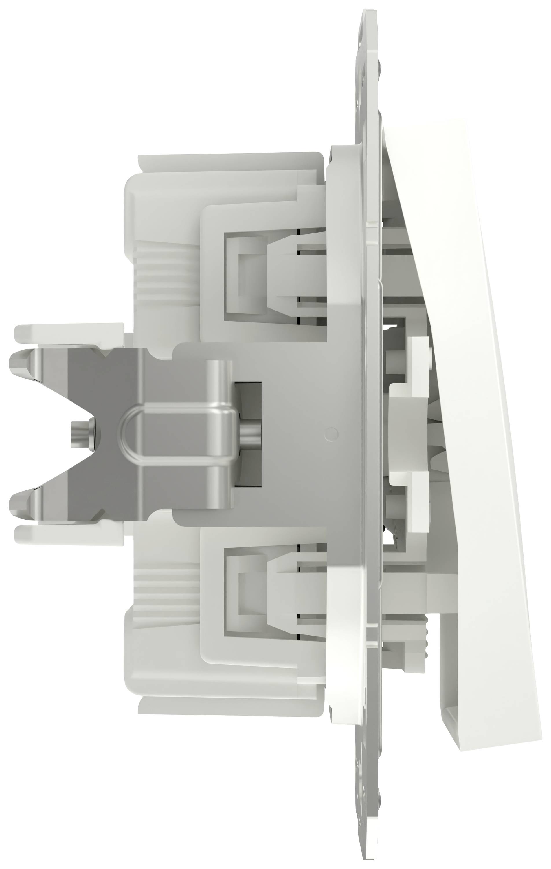 Side view of a wall switch. Shows the internal mechanism and connecting elements of the electrical switch unit.