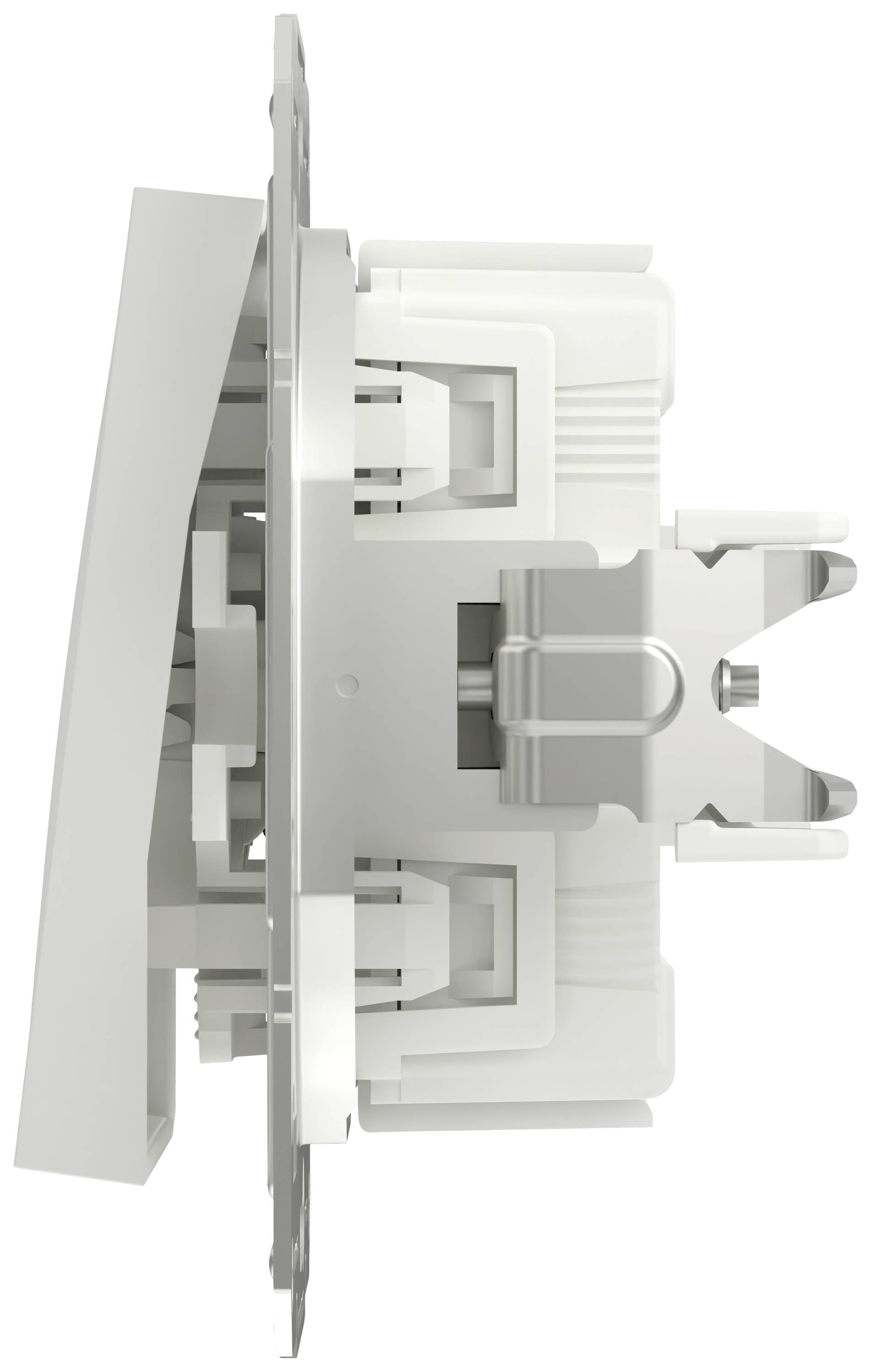 Side view of an electrically installable wall switch with housing and mounting mechanisms, suitable for interior areas.