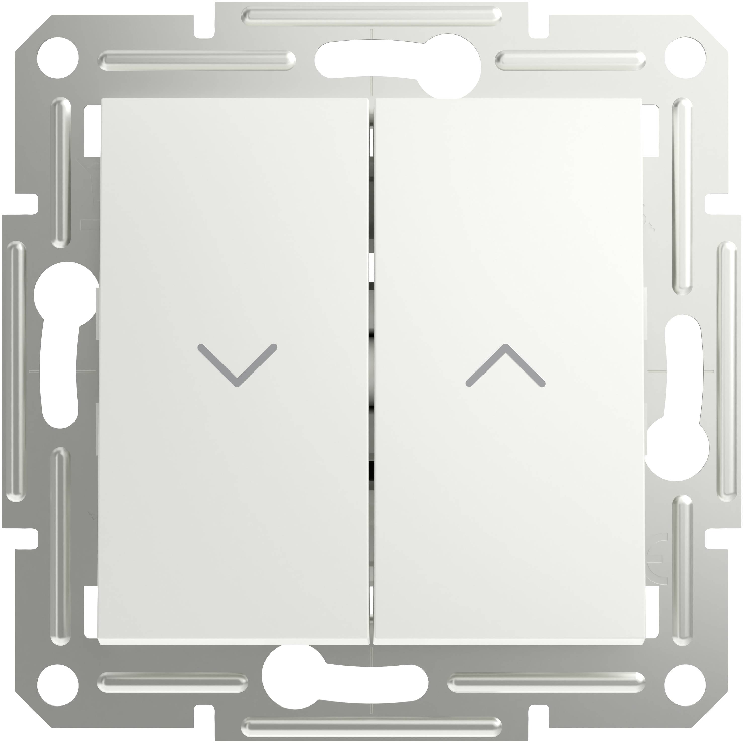 A double light switch with a metal frame, one positioned downwards and the other upwards. Ideal for controlling two light sources.