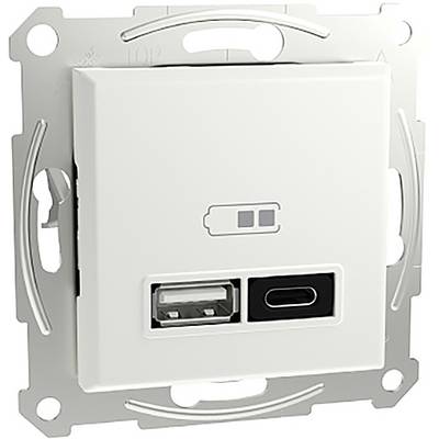 USB Wall Socket with USB-A and USB-C Ports, Suitable for Charging Devices. White Casing, Standard Mounting Plate.