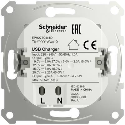 'USB Charger by Schneider Electric, Model EPH27704x1D. Input: 220-240V, 50/60Hz, 1.0A. Outputs for various voltages up to 15W.'
