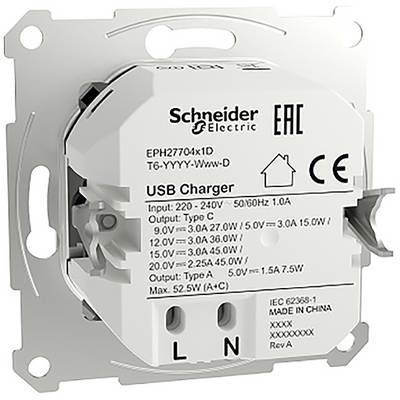USB Charger by Schneider Electric, grey, with technical specifications: Input 220-240V, 50/60Hz, 1.0A; Outputs: 5.0V 3.0A, 15.0W max.