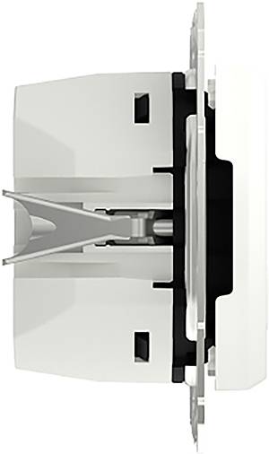 Side view of a white, rectangular switch with black details and metal components, mounted in a wall bracket.