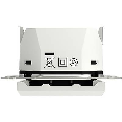 A white electronic device, possibly part of a lighting or electronic unit, with symbols on the front panel.
