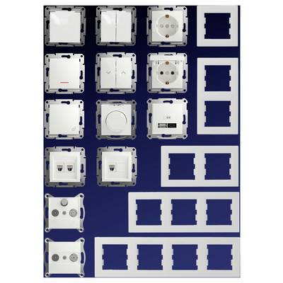 Assorted modular wall plate frames and inserts for electrical outlets, switches, dimmers, and blank covers arranged in a grid on a blue background.
