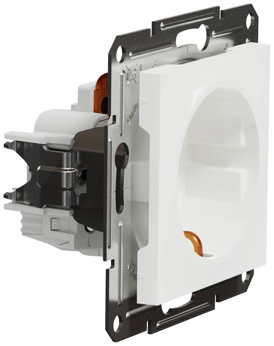 White socket with mounted metal bracket, viewed from the side, showing the plug contacts and mounting structure.