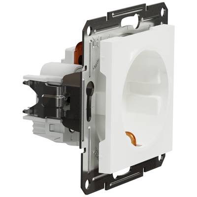 White socket with mounted metal bracket, viewed from the side, showing the plug contacts and mounting structure.