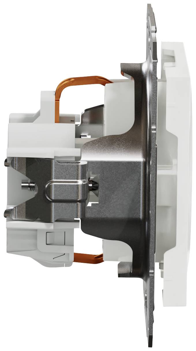 Side view of an electrical switch with a sophisticated mechanism, copper wire connections, and robust housing.