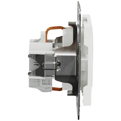 Side view of an electrical switch with a sophisticated mechanism, copper wire connections, and robust housing.