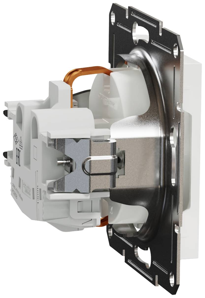 'Perspective of an electrical switch unit from a side view, featuring a metal plate frame and plastic components.'