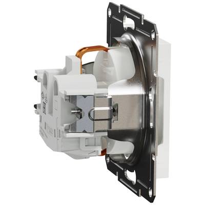 'Perspective of an electrical switch unit from a side view, featuring a metal plate frame and plastic components.'